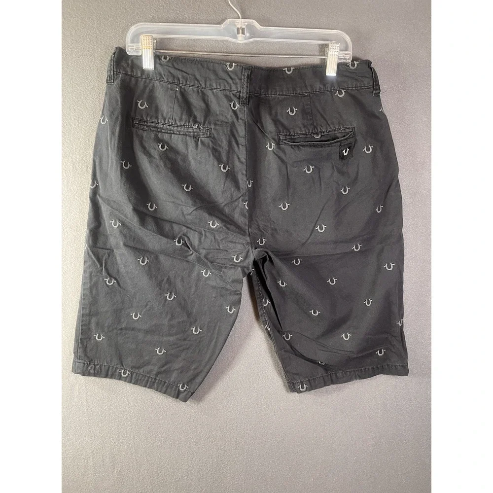 True Religion Shorts Men's 31 Black Dean Chino Embroidered All Over Print Logo